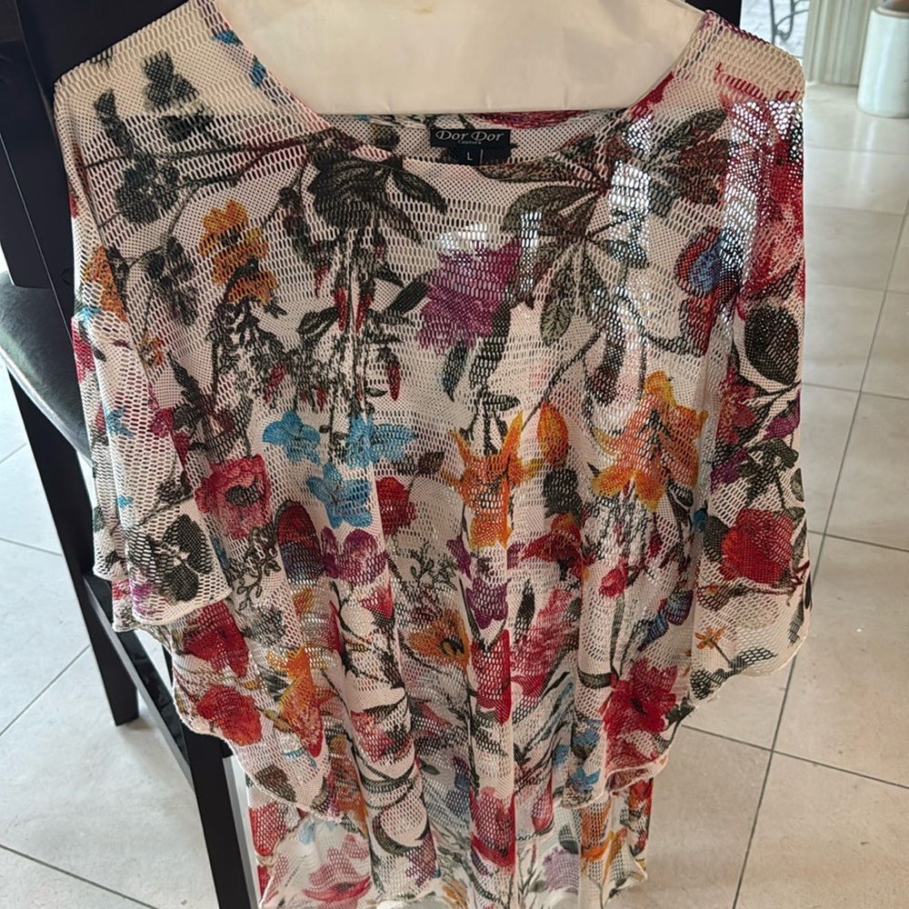 Dor Dor Couture Mesh Top Large  Sheer Colorful Flare Sleeve Beach Cover Up Boho